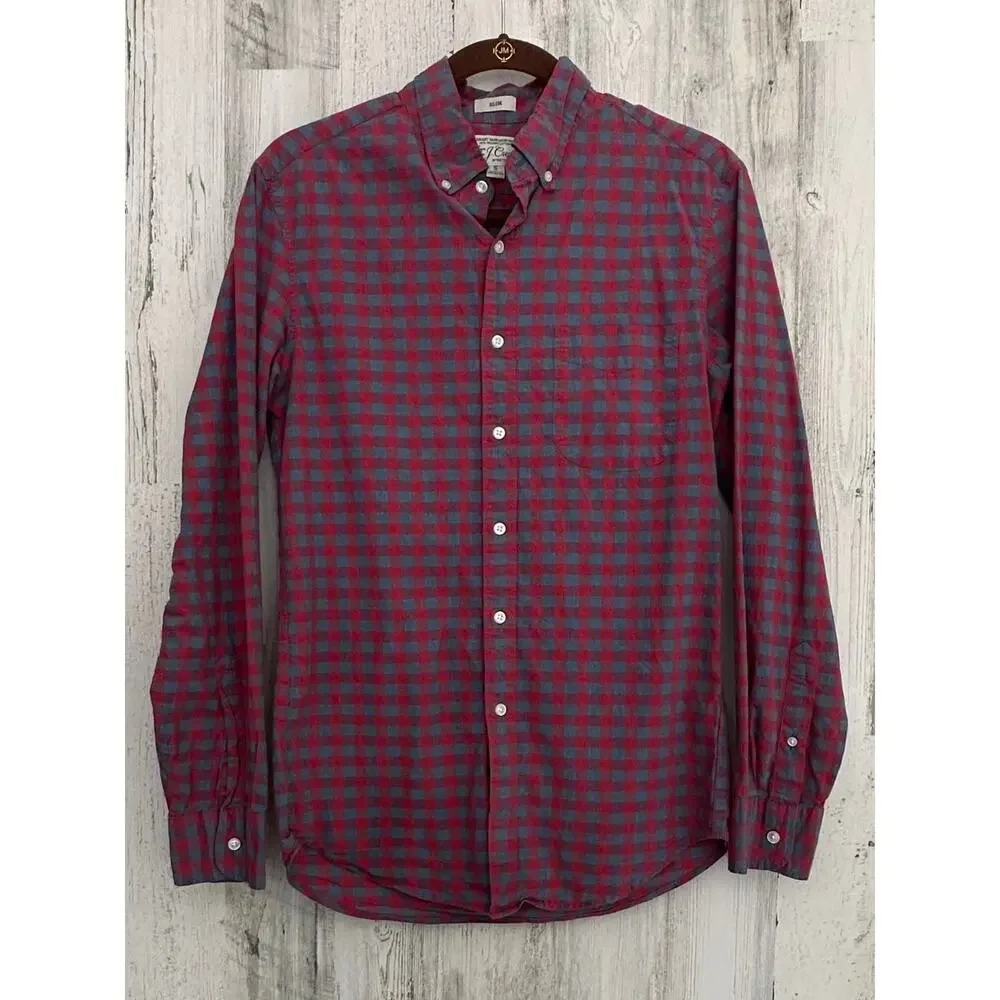 ReImagined J Crew Mens Slim Fit Flannel Shirt Size Small Red Blue‎ Plaid Stretch